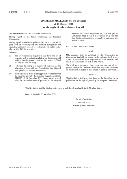 Commission Regulation (EC) No 2347/2000 of 23 October 2000 on the supply of milk products as food aid