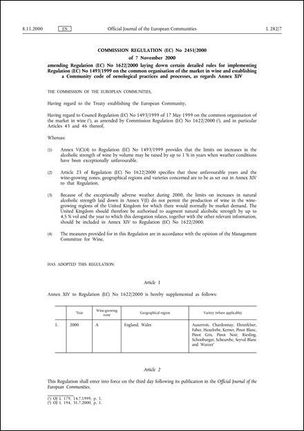 Commission Regulation (EC) No 2451/2000 of 7 November 2000 amending Regulation (EC) No 1622/2000 laying down certain detailed rules for implementing Regulation (EC) No 1493/1999 on the common organisation of the market in wine and establishing a Community code of oenological practices and processes, as regards Annex XIV (repealed)