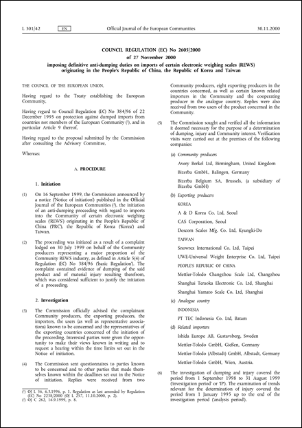 Council Regulation (EC) No 2605/2000 of 27 November 2000 imposing definitive anti-dumping duties on imports of certain electronic weighing scales (REWS) originating in the People's Republic of China, the Republic of Korea and Taiwan