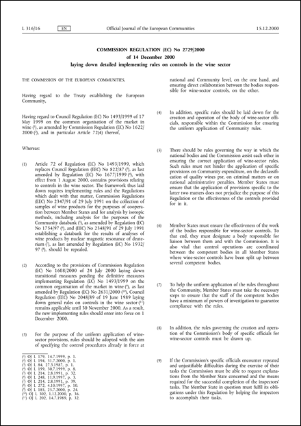 Commission Regulation (EC) No 2729/2000 of 14 December 2000 laying down detailed implementing rules on controls in the wine sector (repealed)