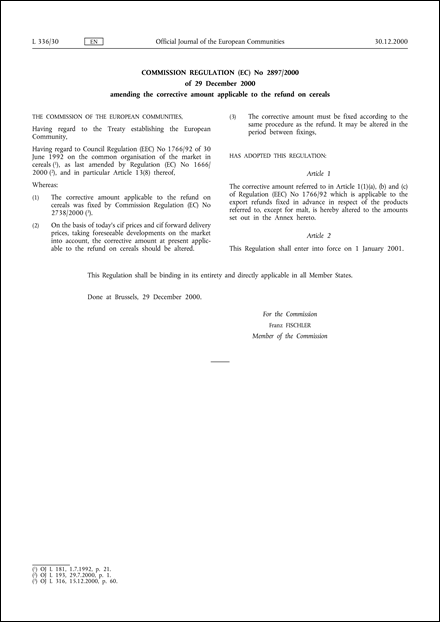 Commission Regulation (EC) No 2897/2000 of 29 December 2000 amending the corrective amount applicable to the refund on cereals