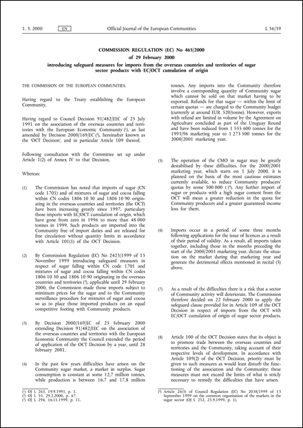 Commission Regulation (EC) No 465/2000 of 29 February 2000 introducing safeguard measures for imports from the overseas countries and territories of sugar sector products with EC/OCT cumulation of origin