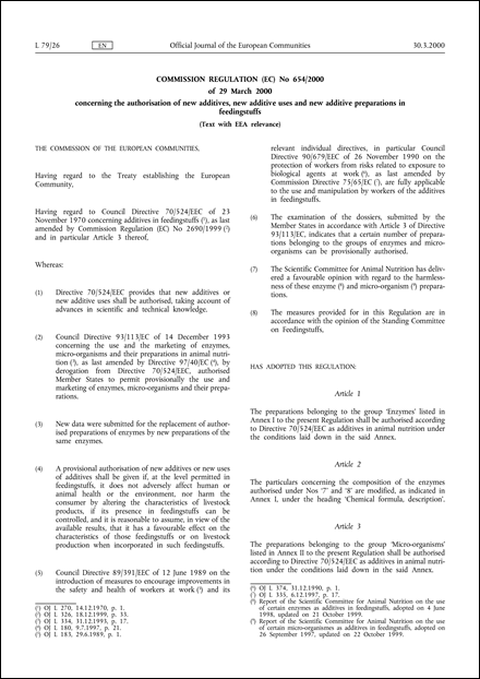 Commission Regulation (EC) No 654/2000 of 29 March 2000 concerning the authorisation of new additives, new additive uses and new additive preparations in feedingstuffs (Text with EEA relevance)