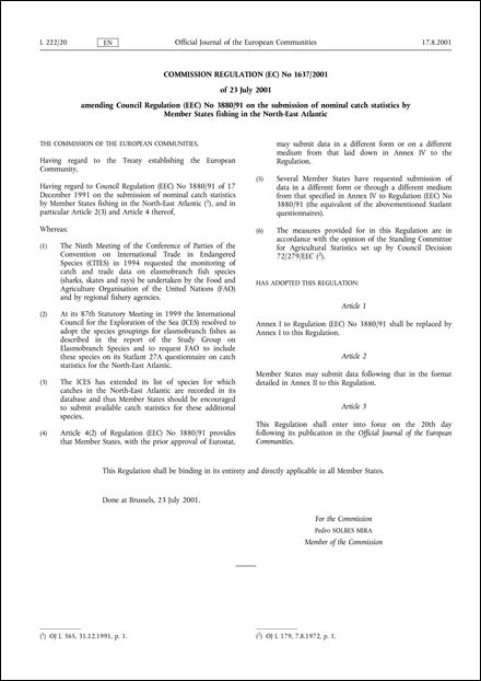 Commission Regulation (EC) No 1637/2001 of 23 July 2001 amending Council Regulation (EEC) No 3880/91 on the submission of nominal catch statistics by Member States fishing in the North-East Atlantic (repealed)