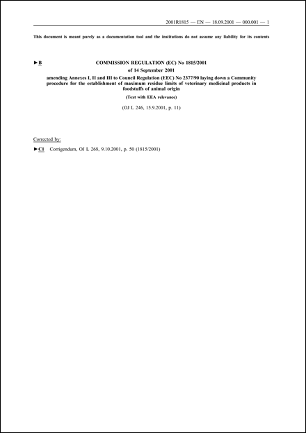 Commission Regulation (EC) No 1815/2001 of 14 September 2001 amending Annexes I, II and III to Council Regulation (EEC) No 2377/90 laying down a Community procedure for the establishment of maximum residue limits of veterinary medicinal products in foodstuffs of animal origin (Text with EEA relevance)