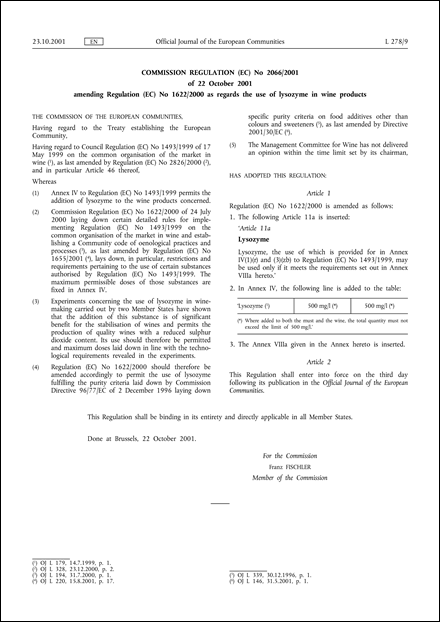 Commission Regulation (EC) No 2066/2001 of 22 October 2001 amending Regulation (EC) No 1622/2000 as regards the use of lysozyme in wine products (repealed)