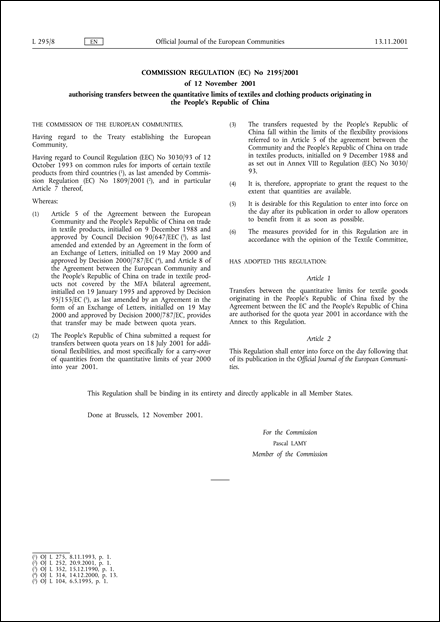 Commission Regulation (EC) No 2195/2001 of 12 November 2001 authorising transfers between the quantitative limits of textiles and clothing products originating in the People's Republic of China