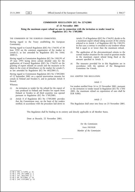 Commission Regulation (EC) No 2274/2001 of 22 November 2001 fixing the maximum export refund on oats in connection with the invitation to tender issued in Regulation (EC) No 1789/2001