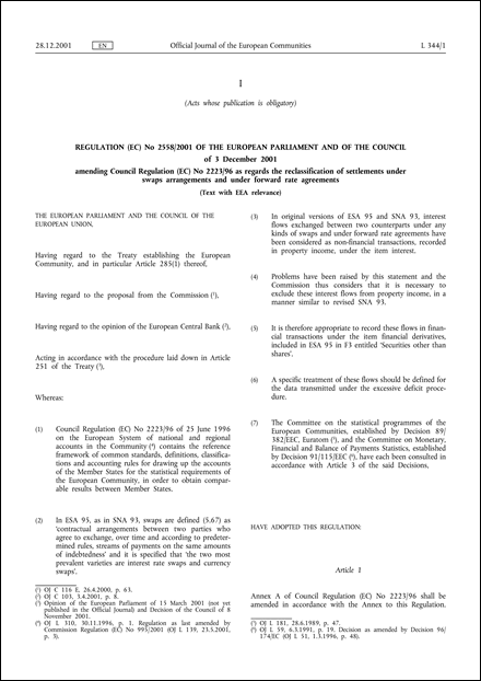 Regulation (EC) No 2558/2001 of the European Parliament and of the Council of 3 December 2001 amending Council Regulation (EC) No 2223/96 as regards the reclassification of settlements under swaps arrangements and under forward rate agreements (Text with EEA relevance)