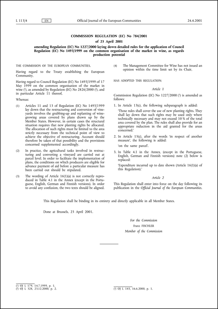 Commission Regulation (EC) No 784/2001 of 23 April 2001 amending Regulation (EC) No 1227/2000 laying down detailed rules for the application of Council Regulation (EC) No 1493/1999 on the common organisation of the market in wine, as regards production potential