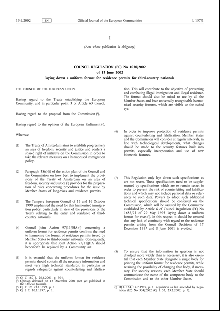 Council Regulation (EC) No 1030/2002 of 13 June 2002 laying down a uniform format for residence permits for third-country nationals