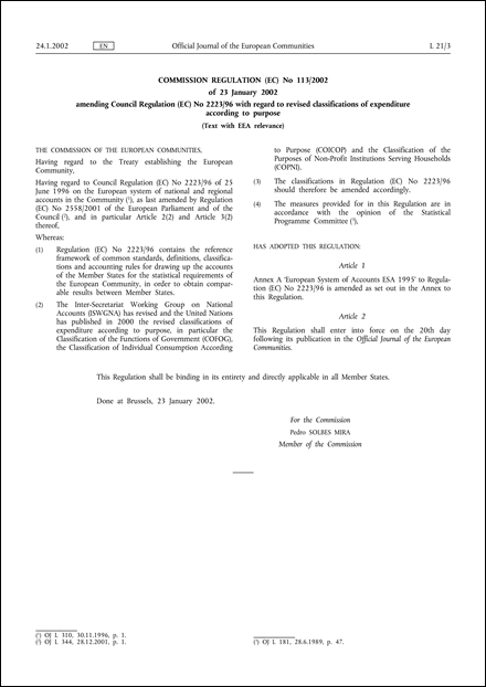 Commission Regulation (EC) No 113/2002 of 23 January 2002 amending Council Regulation (EC) No 2223/96 with regard to revised classifications of expenditure according to purpose (Text with EEA relevance)