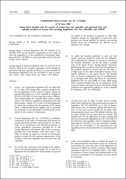 Commission Regulation (EC) No 1176/2002 of 28 June 2002 laying down detailed rules for exports of certain fruit and vegetables and processed fruit and vegetable products to Estonia and amending Regulations (EC) Nos 1961/2001 and 1429/95 (repealed)