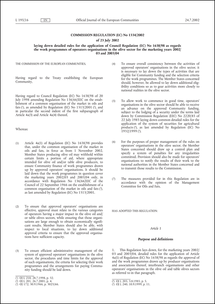 Commission Regulation (EC) No 1334/2002 of 23 July 2002 laying down detailed rules for the application of Council Regulation (EC) No 1638/98 as regards the work programmes of operators organisations in the olive sector for the marketing years 2002/03 and 2003/04 (repealed)
