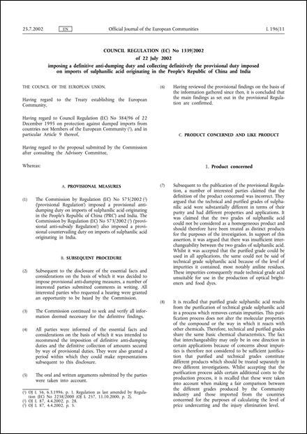 Council Regulation (EC) No 1339/2002 of 22 July 2002 imposing a definitive anti-dumping duty and collecting definitively the provisional duty imposed on imports of sulphanilic acid originating in the People's Republic of China and India