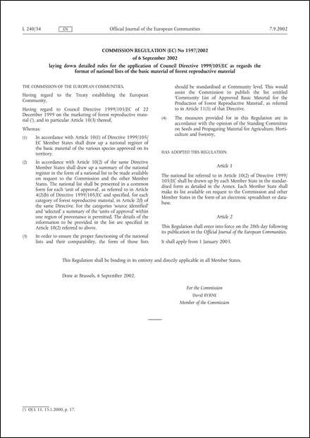Commission Regulation (EC) No 1597/2002 of 6 September 2002 laying down detailed rules for the application of Council Directive 1999/105/EC as regards the format of national lists of the basic material of forest reproductive material