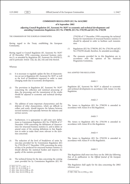 Commission Regulation (EC) No 1614/2002 of 6 September 2002 adjusting Council Regulation (EC, Euratom) No 58/97 to economic and technical developments and amending Commission Regulations (EC) No 2700/98, (EC) No 2701/98 and (EC) No 2702/98