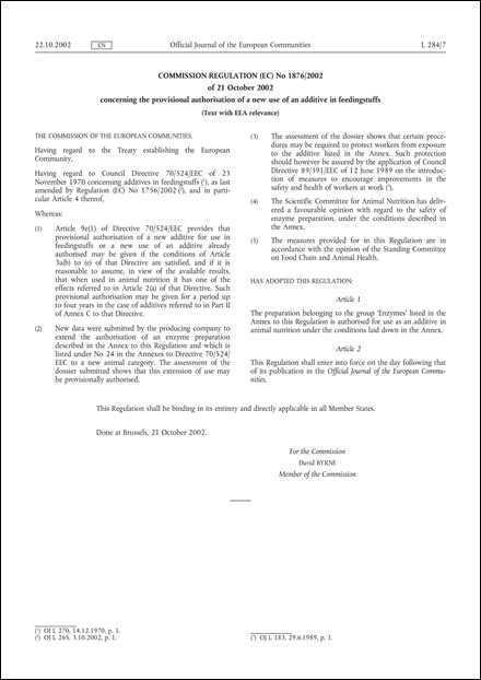 Commission Regulation (EC) No 1876/2002 of 21 October 2002 concerning the provisional authorisation of a new use of an additive in feedingstuffs (Text with EEA relevance)
