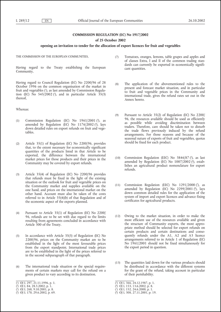 Commission Regulation (EC) No 1917/2002 of 25 October 2002 opening an invitation to tender for the allocation of export licences for fruit and vegetables