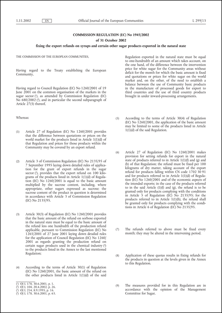 Commission Regulation (EC) No 1945/2002 of 31 October 2002 fixing the export refunds on syrups and certain other sugar products exported in the natural state