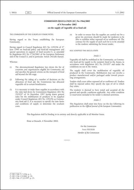 Commission Regulation (EC) No 1966/2002 of 4 November 2002 on the supply of vegetable oil as food aid