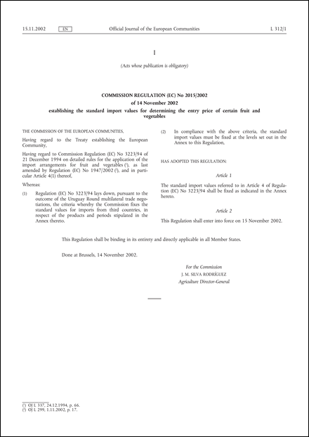 Commission Regulation (EC) No 2015/2002 of 14 November 2002 establishing the standard import values for determining the entry price of certain fruit and vegetables