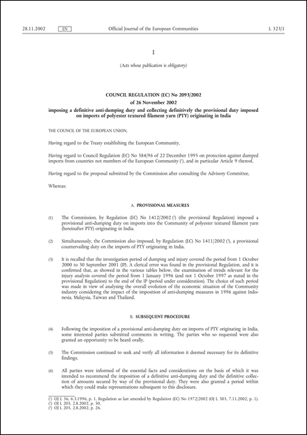 Council Regulation (EC) No 2093/2002 of 26 November 2002 imposing a definitive anti-dumping duty and collecting definitively the provisional duty imposed on imports of polyester textured filament yarn (PTY) originating in India