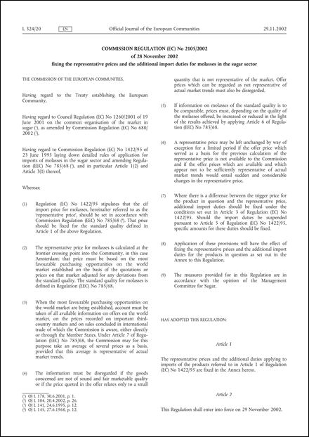 Commission Regulation (EC) No 2105/2002 of 28 November 2002 fixing the representative prices and the additional import duties for molasses in the sugar sector