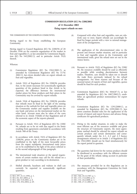 Commission Regulation (EC) No 2200/2002 of 11 December 2002 fixing export refunds on nuts