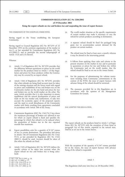 Commission Regulation (EC) No 2284/2002 of 19 December 2002 fixing the export refunds on rice and broken rice and suspending the issue of export licences