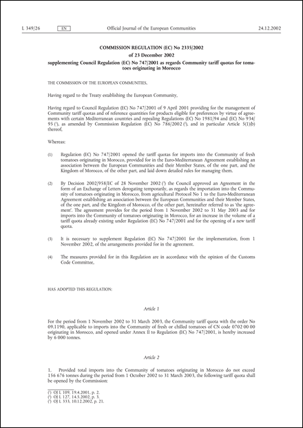 Commission Regulation (EC) No 2335/2002 of 23 December 2002 supplementing Council Regulation (EC) No 747/2001 as regards Community tariff quotas for tomatoes originating in Morocco