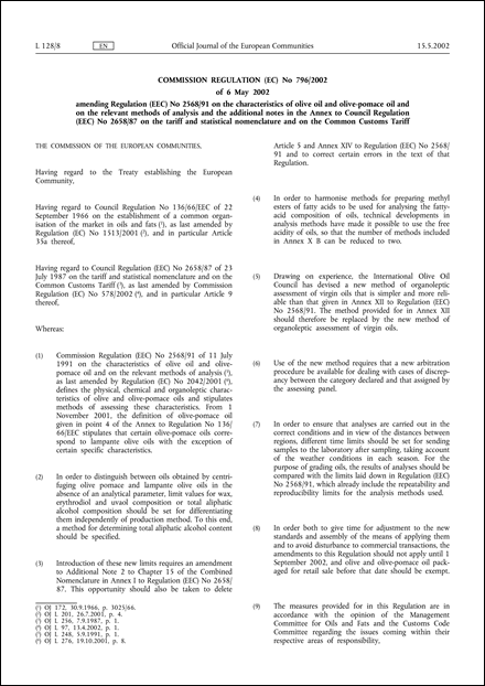 Commission Regulation (EC) No 796/2002 of 6 May 2002 amending Regulation (EEC) No 2568/91 on the characteristics of olive oil and olive-pomace oil and on the relevant methods of analysis and the additional notes in the Annex to Council Regulation (EEC) No 2658/87 on the tariff and statistical nomenclature and on the Common Customs Tariff