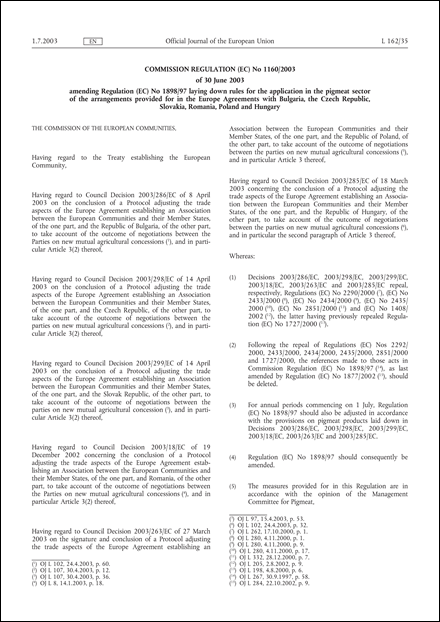 Commission Regulation (EC) No 1160/2003 of 30 June 2003 amending Regulation (EC) No 1898/97 laying down rules for the application in the pigmeat sector of the arrangements provided for in the Europe Agreements with Bulgaria, the Czech Republic, Slovakia, Romania, Poland and Hungary