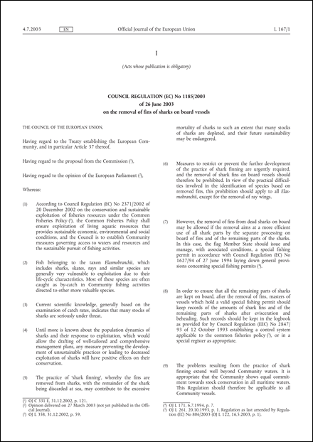 Council Regulation (EC) No 1185/2003 of 26 June 2003 on the removal of fins of sharks on board vessels