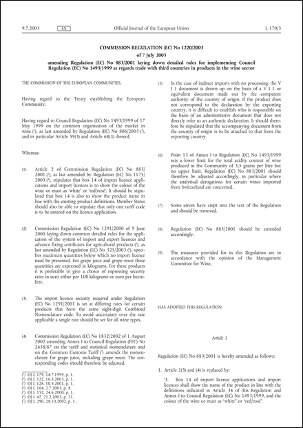 Commission Regulation (EC) No 1220/2003 of 7 July 2003 amending Regulation (EC) No 883/2001 laying down detailed rules for implementing Council Regulation (EC) No 1493/1999 as regards trade with third countries in products in the wine sector