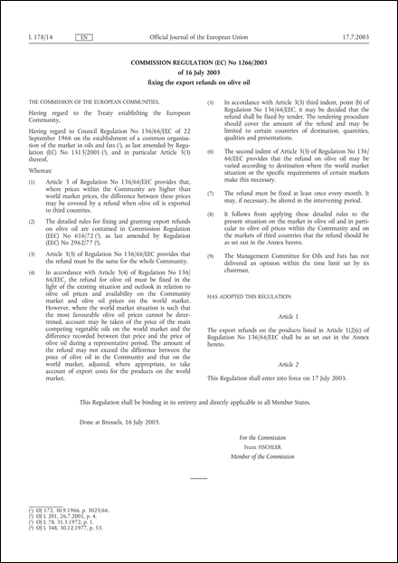 Commission Regulation (EC) No 1266/2003 of 16 July 2003 fixing the export refunds on olive oil
