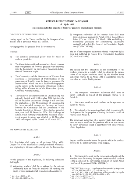 Council Regulation (EC) No 1296/2003 of 15 July 2003 on common rules for imports of footwear products originating in Vietnam