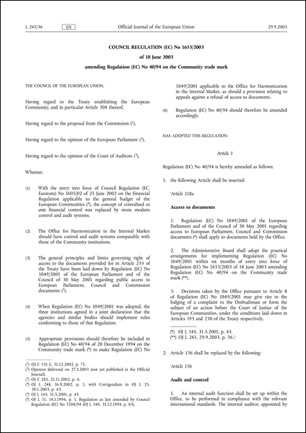 Council Regulation (EC) No 1653/2003 of 18 June 2003 amending Regulation (EC) No 40/94 on the Community trade mark (repealed)
