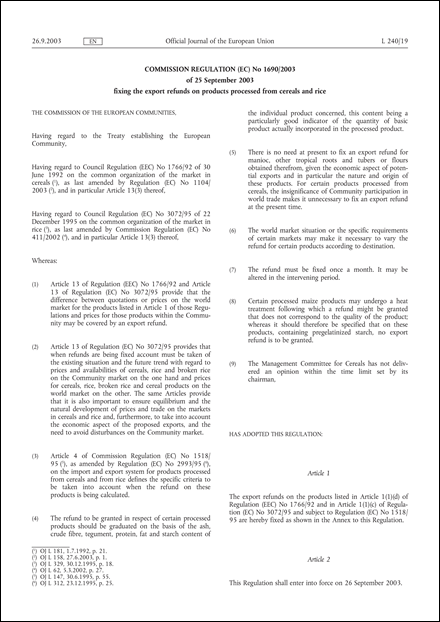 Commission Regulation (EC) No 1690/2003 of 25 September 2003 fixing the export refunds on products processed from cereals and rice