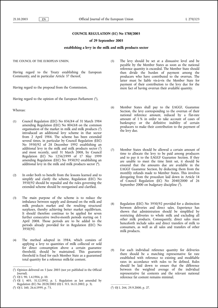 Council Regulation (EC) No 1788/2003 of 29 September 2003 establishing a levy in the milk and milk products sector (repealed)