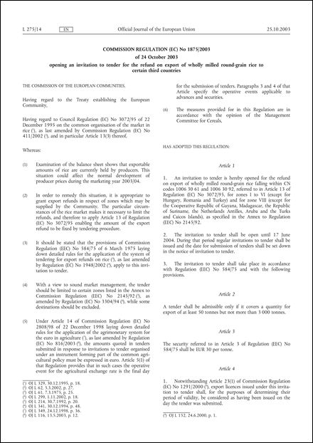 Commission Regulation (EC) No 1875/2003 of 24 October 2003 opening an invitation to tender for the refund on export of wholly milled round-grain rice to certain third countries