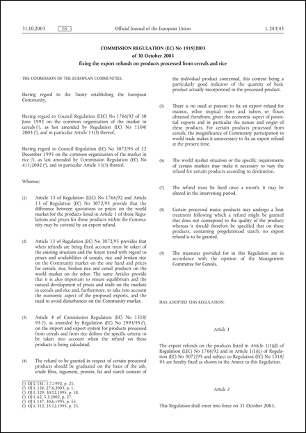 Commission Regulation (EC) No 1919/2003 of 30 October 2003 fixing the export refunds on products processed from cereals and rice