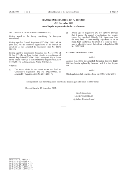 Commission Regulation (EC) No 2041/2003 of 19 November 2003 amending the import duties in the cereals sector