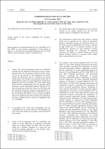 Commission Regulation (EC) No 2087/2003 of 27 November 2003 fixing the rates of refunds applicable to certain products from the sugar sector exported in the form of goods not covered by Annex I to the Treaty