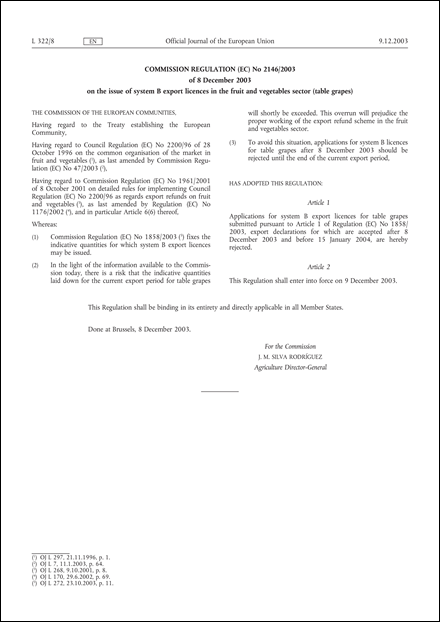 Commission Regulation (EC) No 2146/2003 of 8 December 2003 on the issue of system B export licences in the fruit and vegetables sector (table grapes)