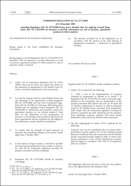 Commission Regulation (EC) No 2171/2003 of 12 December 2003 amending Regulation (EC) No 2879/2000 laying down detailed rules for applying Council Regulation (EC) No 2702/1999 on measures to provide information on, and to promote, agricultural products in third countries