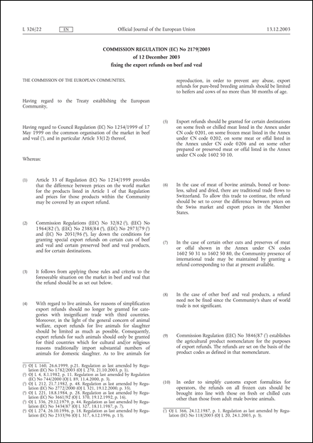 Commission Regulation (EC) No 2179/2003 of 12 December 2003 fixing the export refunds on beef and veal