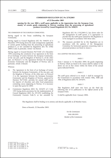 Commission Regulation (EC) No 2270/2003 of 22 December 2003 opening for the year 2004 a tariff quota applicable to the importation into the European Community of certain goods originating in Norway resulting from the processing of agricultural products covered by Council Regulation (EC) No 3448/93