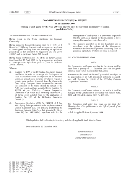 Commission Regulation (EC) No 2272/2003 of 22 December 2003 opening a tariff quota for the year 2004 for imports into the European Community of certain goods from Turkey