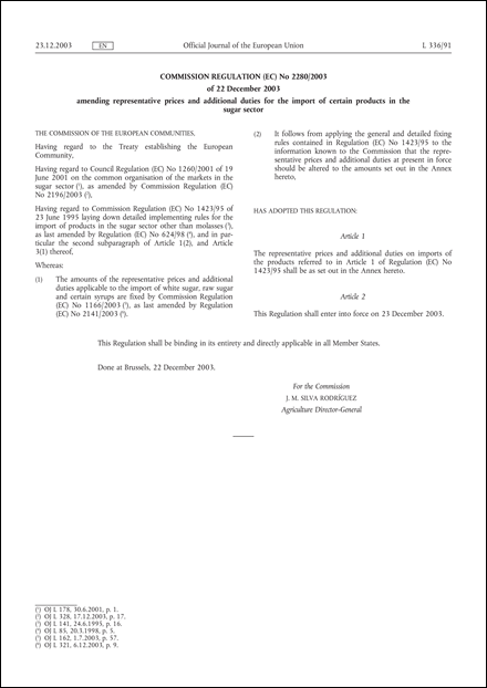 Commission Regulation (EC) No 2280/2003 of 22 December 2003 amending representative prices and additional duties for the import of certain products in the sugar sector